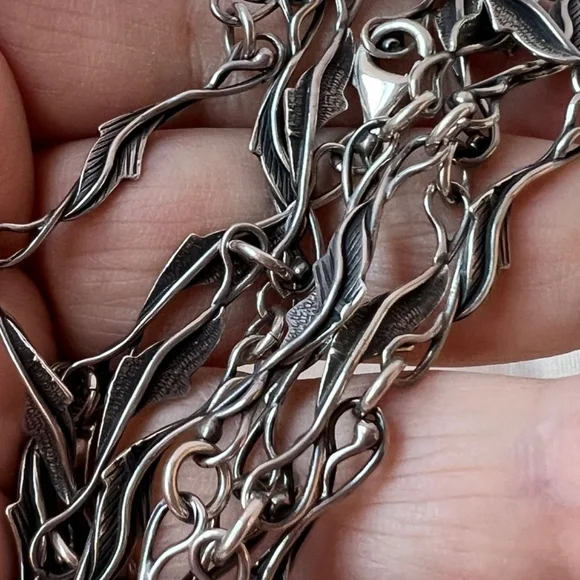 ANTIQUE VINTAGE LONG 925 STERLING SILVER NECKLACE CHAIN LEAVES DESIGN ORNATE